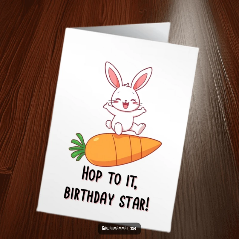Funny free printable birthday card showing a happy bunny leaping joyfully over a comically large carrot with a wide smile.