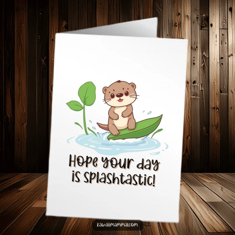 Funny Free Printable Birthday Card: Whimsical Kawaii otter attempting to surf a giant leaf across a puddle with a big grin.
