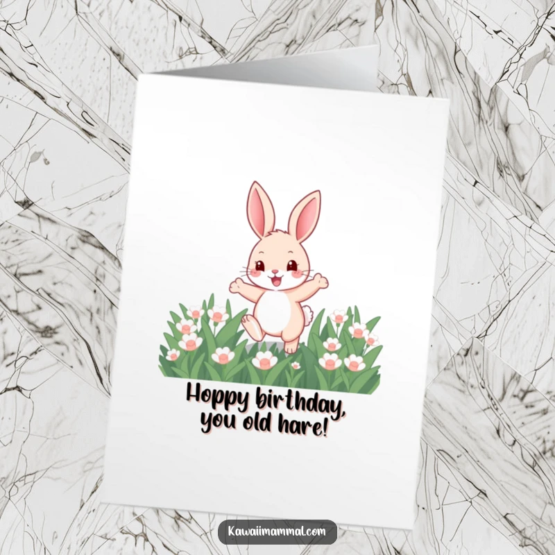 Funny Free Printable Birthday Card: Cute bunny with big ears joyfully hopping through a field of green clover.