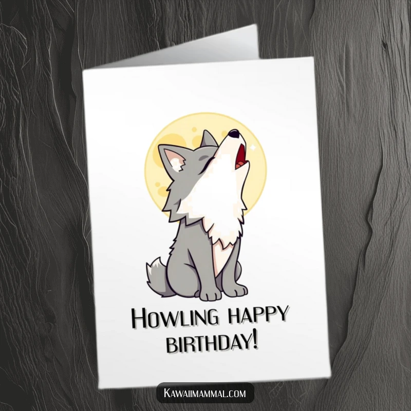 Funny Free Printable Birthday Card: Proud wolf character howling joyfully at a cartoon moon, celebrating a birthday.
