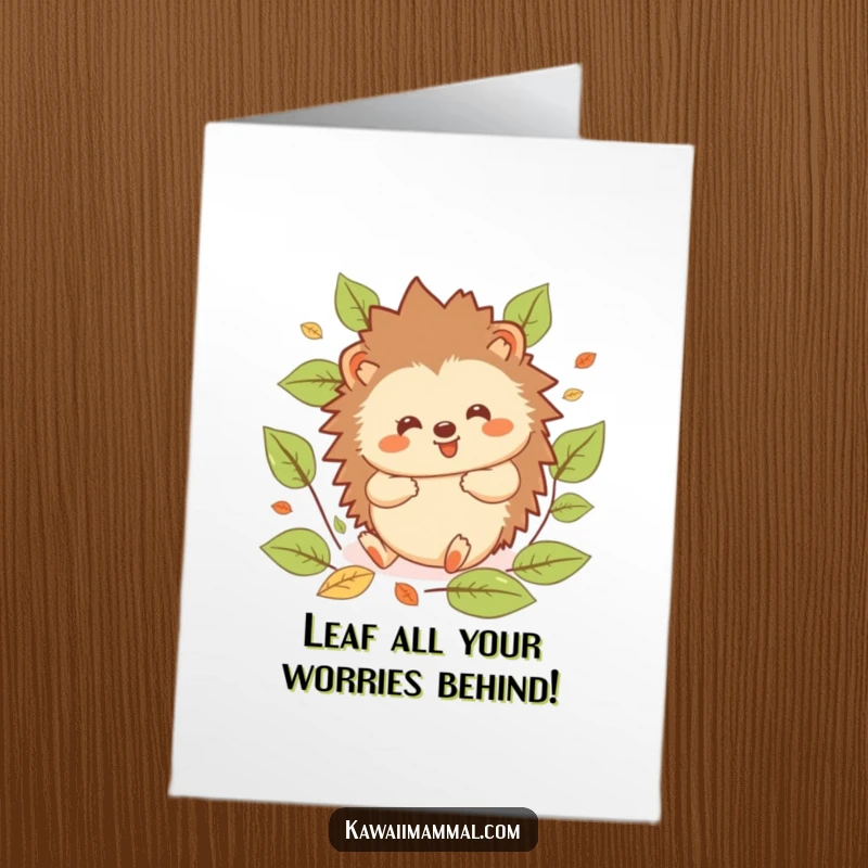 Funny Free Printable Birthday Card featuring a kawaii hedgehog joyfully rolling amongst autumn leaves, spreading cheer.