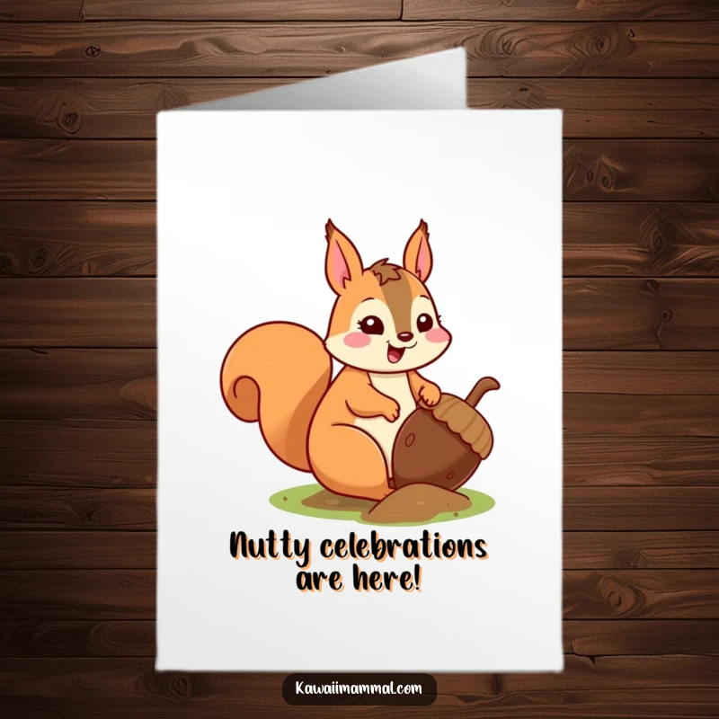 Funny Free Printable Birthday Card: A kawaii squirrel with wide eyes excitedly buries a giant acorn, planning for a future feast.