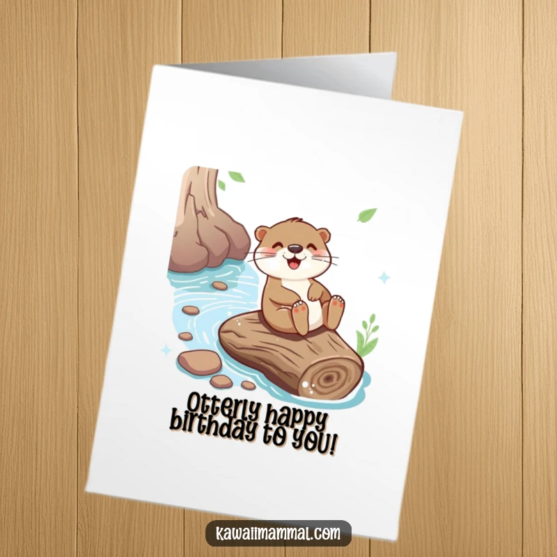 Funny Free Printable Otter Birthday Card, a playful otter joyfully sliding down a giant river log, full of energy.