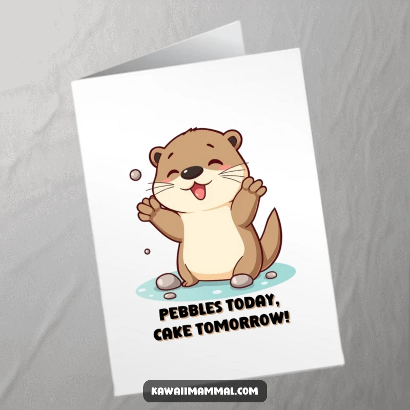 Funny Free Printable Birthday Card featuring a cute otter enthusiastically juggling shiny pebbles with a big smile.