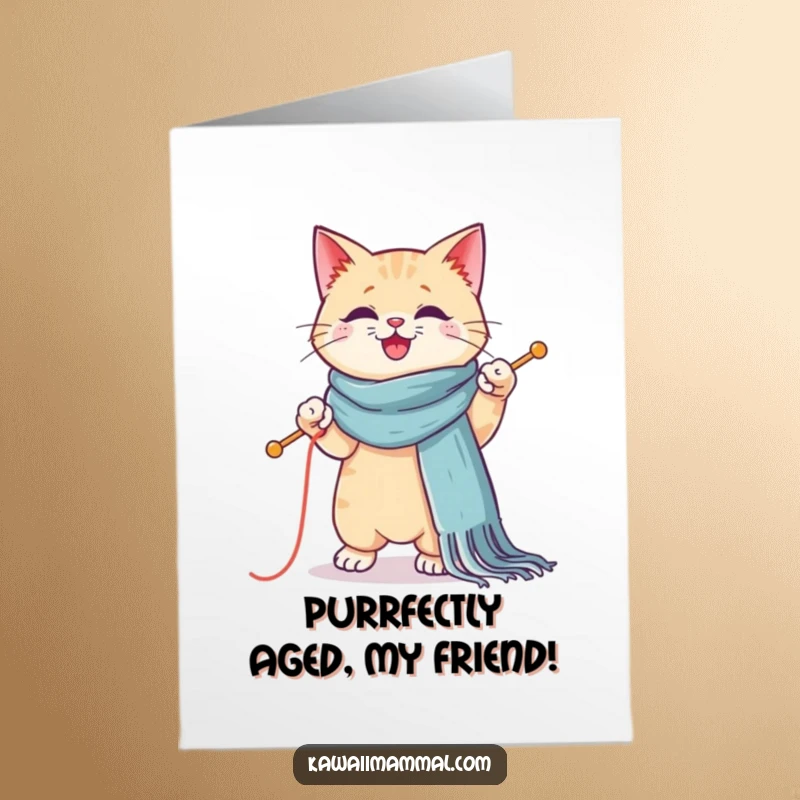 Funny Free Printable Birthday Card: a cute Kawaii cat knitting a massive scarf while balancing on one paw.