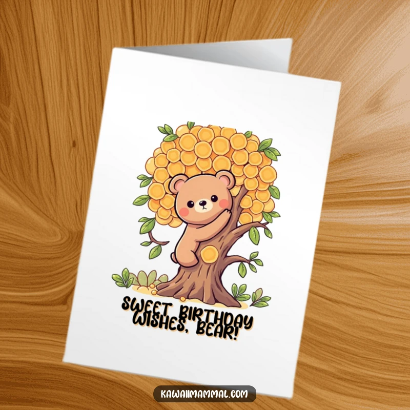 Funny Free Printable Birthday Card: a Kawaii bear climbing a tree constructed entirely of honeycombs.