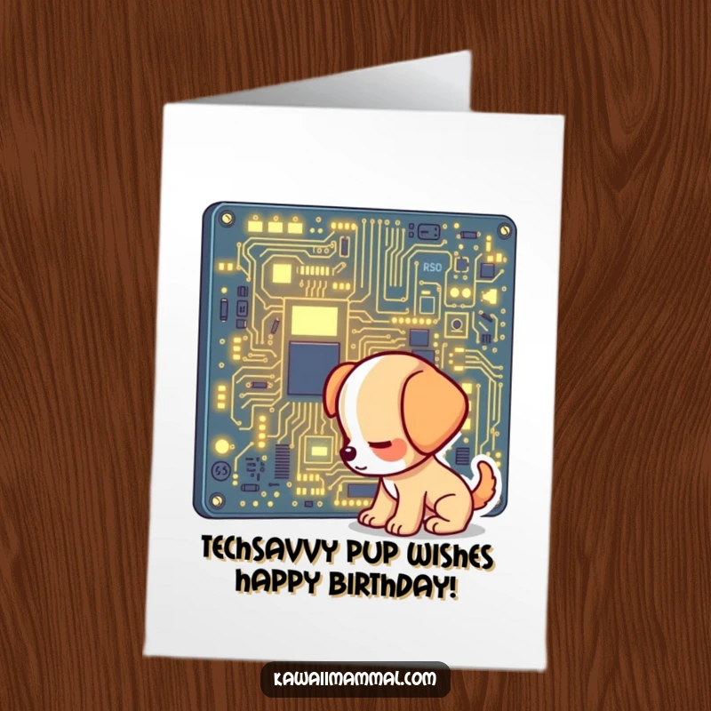 Funny Free Printable Birthday Card featuring a curious puppy sniffing a giant glowing circuit board, ready to download.