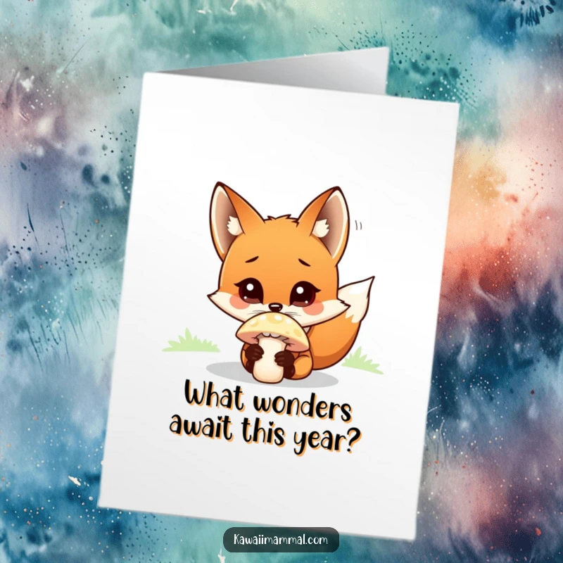 Funny Free Printable Birthday Card of a curious fox sniffing a bright mushroom with wide eyes, celebrating your special day.