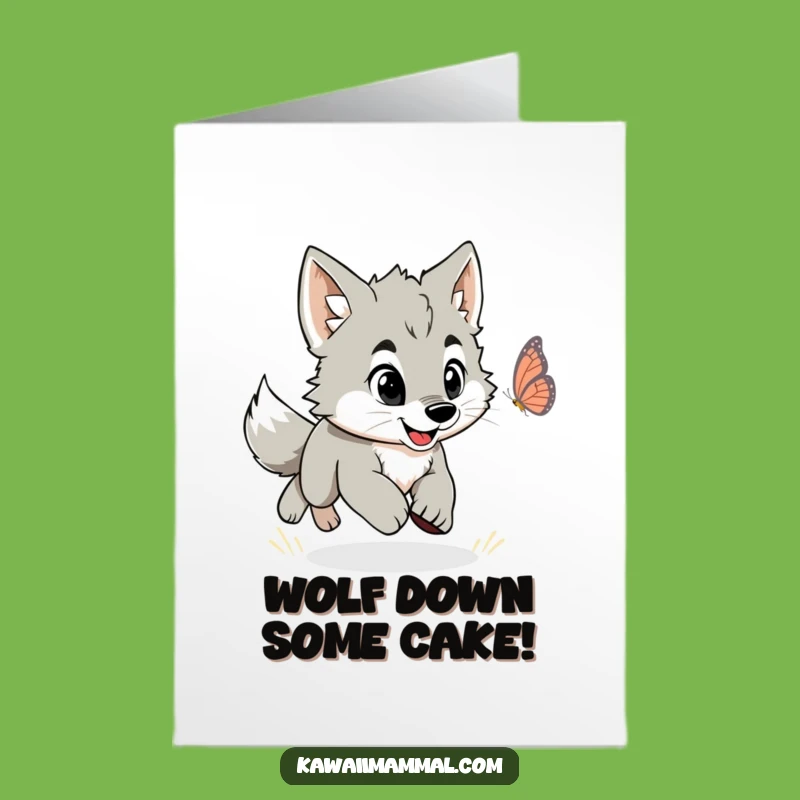 Free Printable Funny Birthday Card: Wolf Puppy Butterfly Chase Downloadable Fun