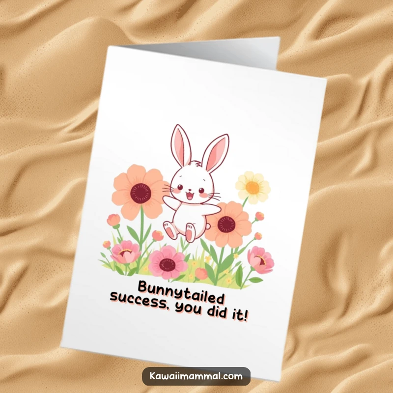 Cute Free Printable Congratulations Card: A kawaii bunny happily hopping amidst a field bursting with giant, cheerful flowers.