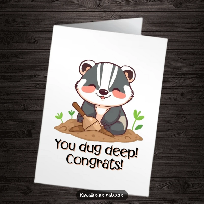 Funny Free Printable congratulations card showing a smiling badger digging energetically, celebrating achievements with earthy enthusiasm.