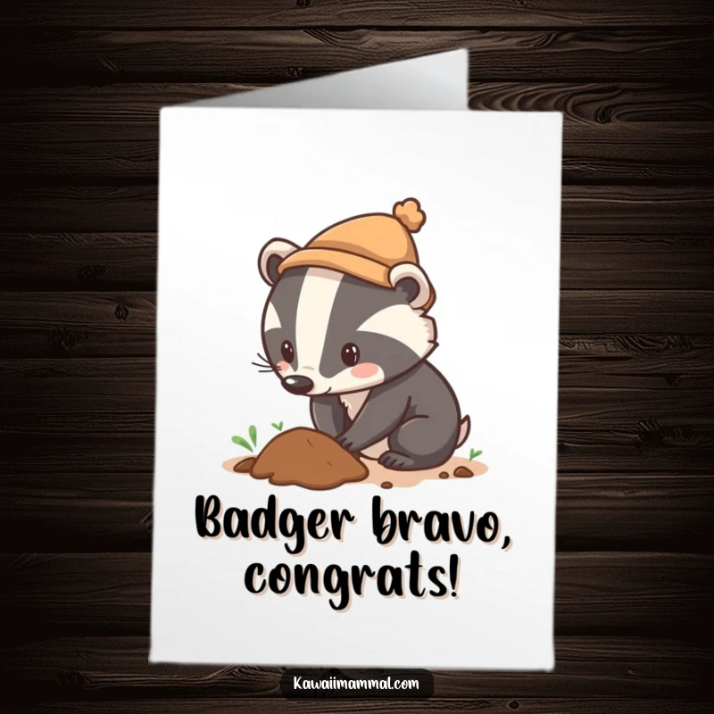 Funny Free Printable Congratulations Card: Determined badger in a tiny hat, digging with great focus.