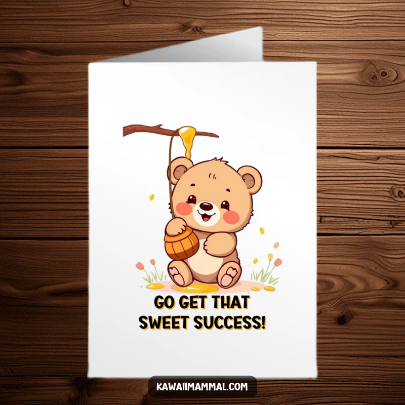 Cute Free Printable Congratulations Card: A kawaii bear cub excitedly reaching for a honey pot, celebrating success.