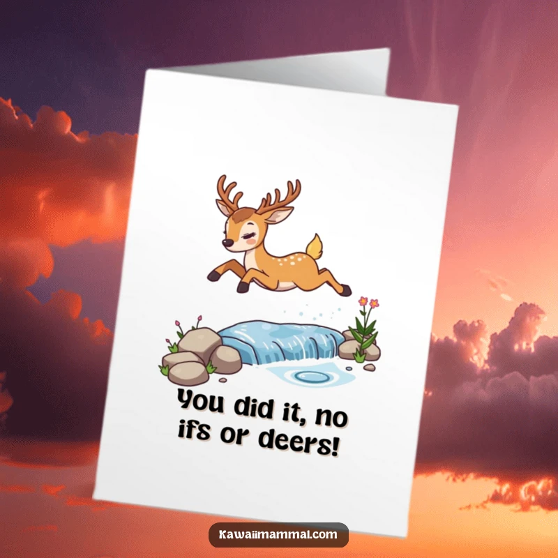 Funny Free Printable Congrats Card: Determined deer leaping over a sparkling stream, celebrating a big win, downloadable art.