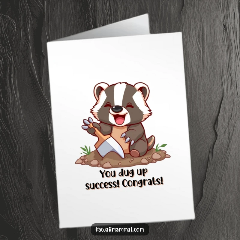 Funny Free Printable Congratulations Card: Delighted badger character digging enthusiastically, celebrating a big win.