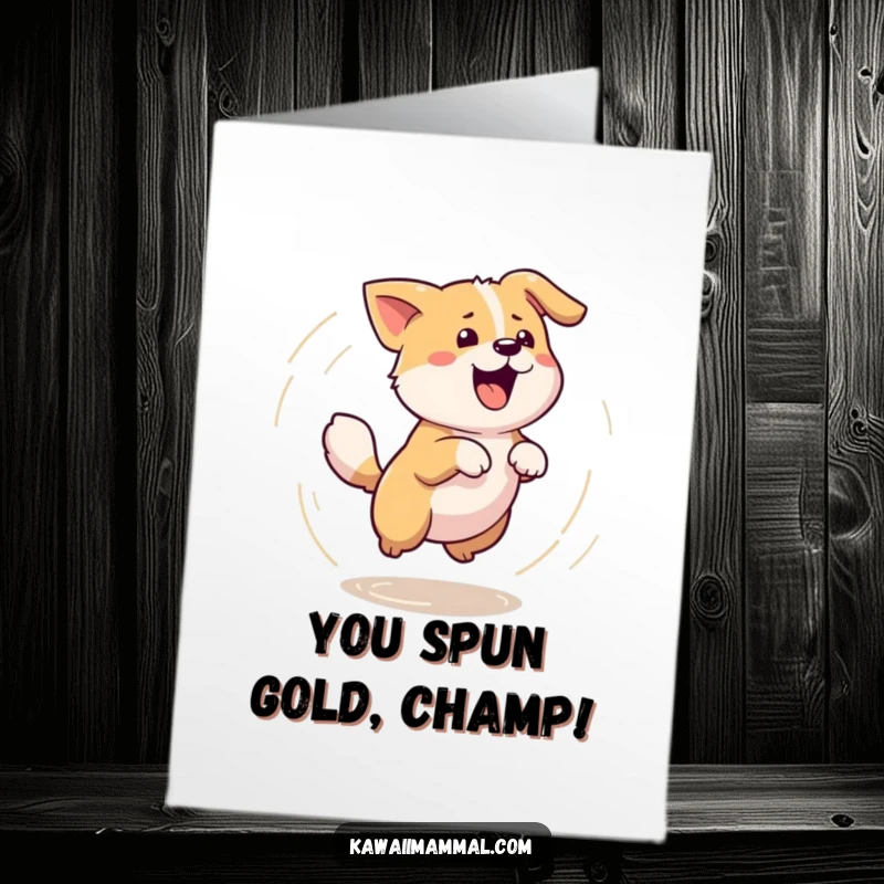 Funny Free Printable Congratulations Card: a joyful Kawaii dog spinning in circles chasing its tail happily.