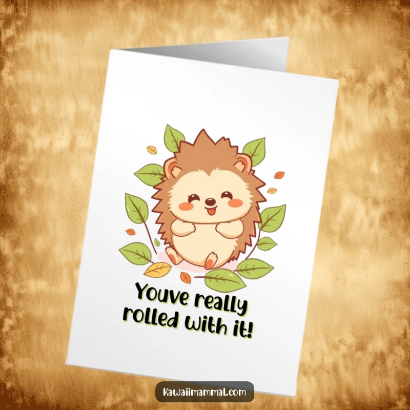 Funny Free Printable Congratulations Card showcasing a happy kawaii hedgehog rolling with glee, perfect for celebrating wins.