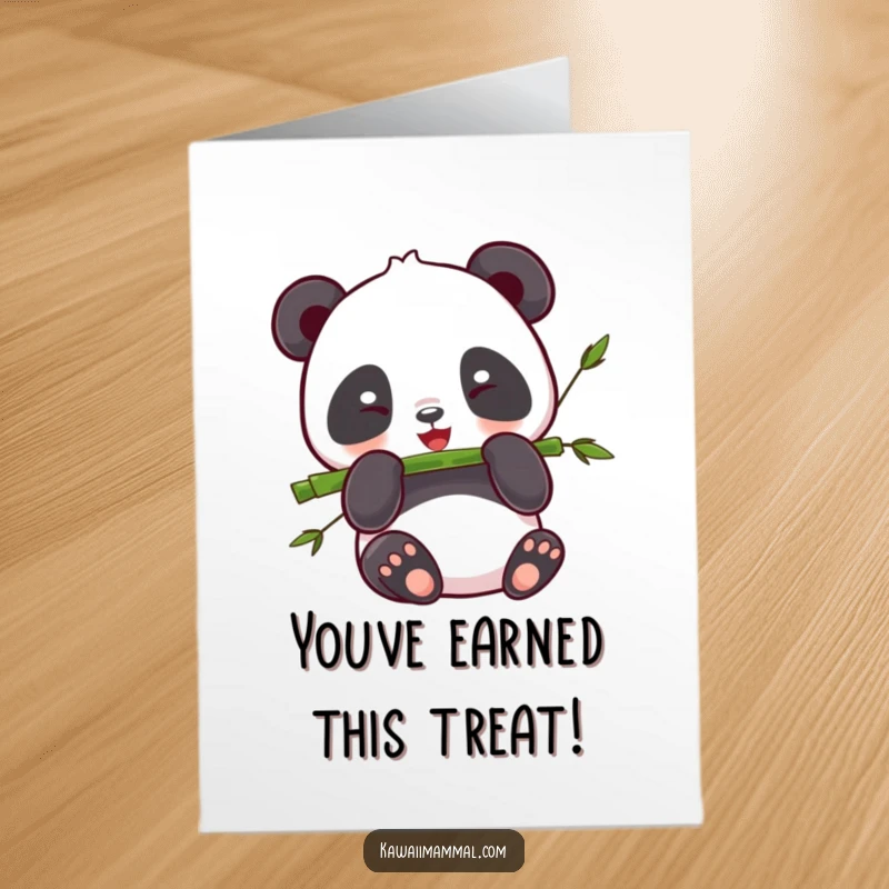Funny Free Printable Congratulations Card: A cheerful kawaii panda happily devours a bamboo stalk, celebrating a win.