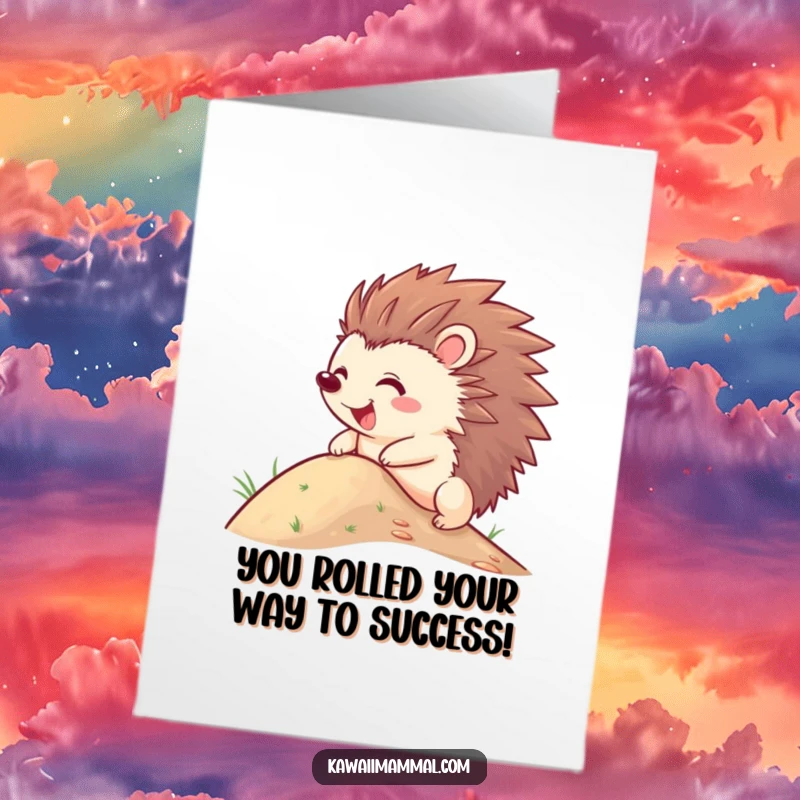 Funny Free Printable Congratulations Card: A joyful hedgehog with quills out, comically rolling down a hill.
