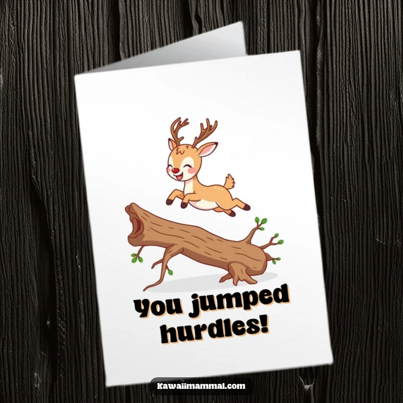 Funny Free Printable Congratulations Card of a joyful deer leaping over a branch, celebrating your awesome achievement.