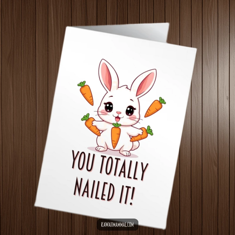 Funny Free Printable Congratulations Card: a focused Kawaii rabbit juggling three carrots with intense concentration.