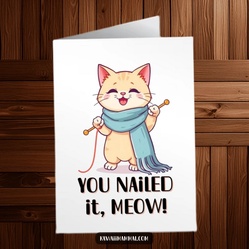 Funny Free Printable Congratulations Card: a focused Kawaii cat skillfully knitting a huge scarf, one paw up.