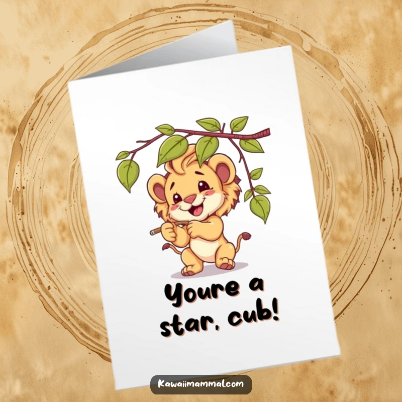Funny Free Printable Congrats Card: Content lion cub batting at a dangling vine, celebrating a victory, downloadable art.