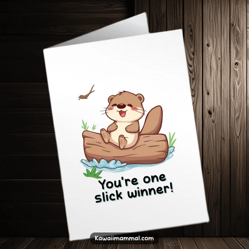 Funny Free Printable Congratulations Card: Playful Otter Sliding Down Giant Log, Celebrating a Major Achievement.