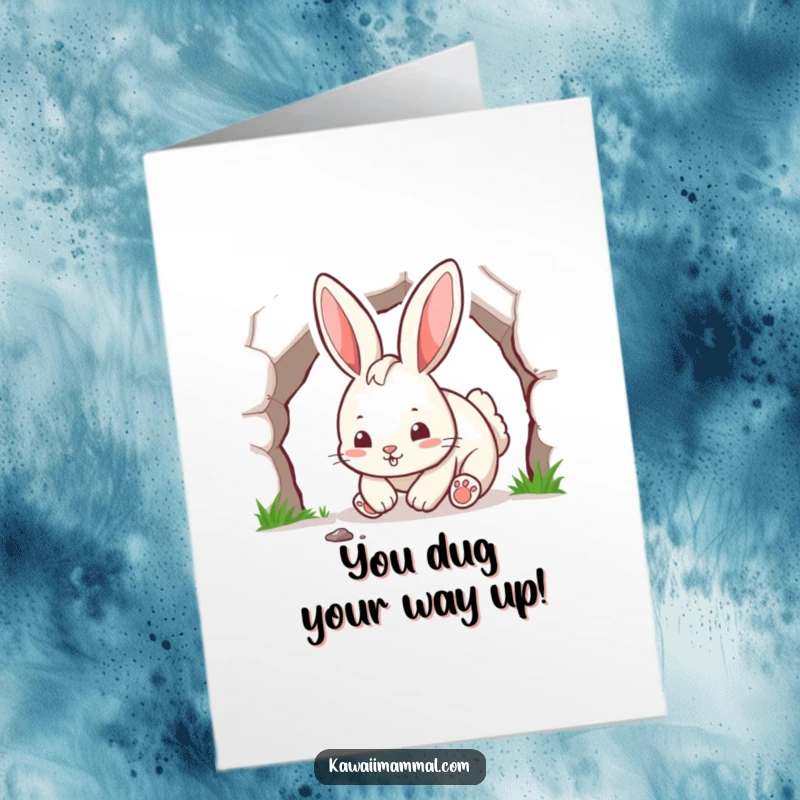 Funny Free Printable Congratulations Card showing a playful rabbit digging a tunnel, celebrating your successful journey.