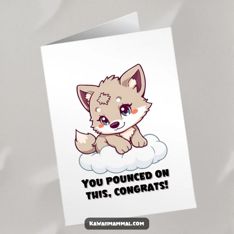 Funny Free Printable Congratulations Card: A curious wolf cub with playful eyes, about to pounce on a puffy cloud.