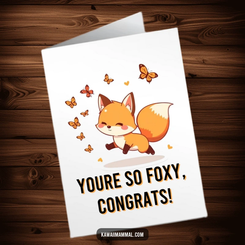 Funny Free Printable Congrats Card: Energetic fox with a full tail joyfully pursues fluttering butterflies. Nature's pursuit.