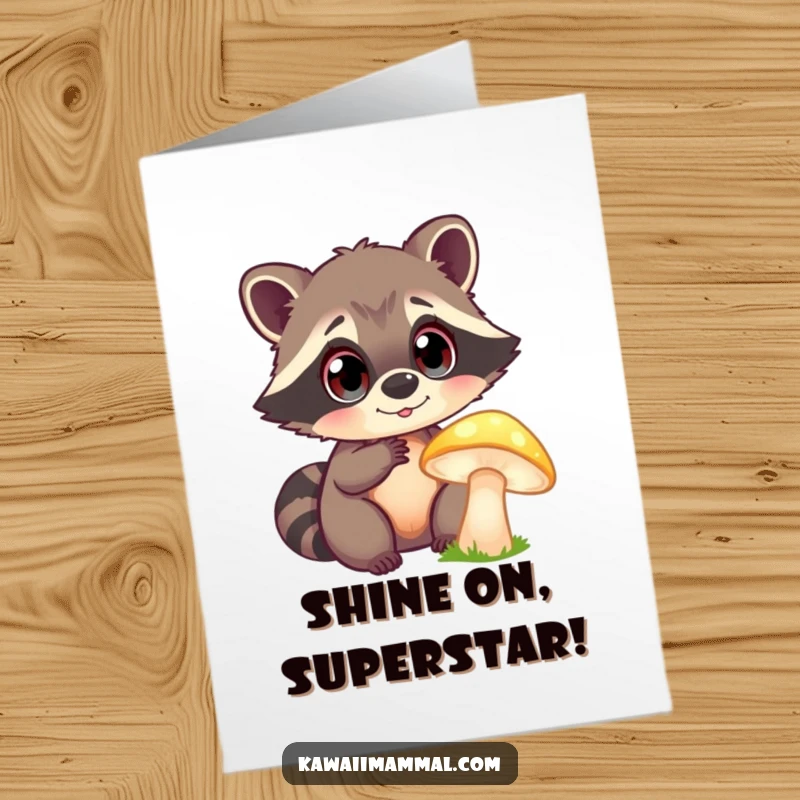 Funny Free Printable Congrats Card: Enthusiastic raccoon with bright eyes marvels at a luminous mushroom. Nature's magic.