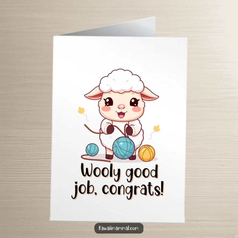 Funny Free Printable Congratulations Card showing a happy kawaii sheep character juggling yarn balls to celebrate a fantastic achievement.