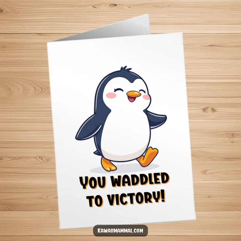 Funny Free Printable congratulations card showing a joyous penguin waddling with determination, celebrating accomplishments with gusto.