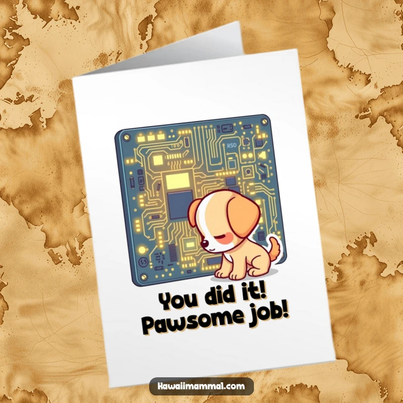 Funny Free Printable Congratulations Card featuring a curious puppy sniffing a large glowing circuit board, ready to download.