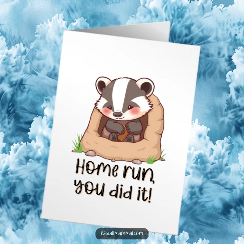Funny Free Printable Congratulations Card: A determined badger proudly surveys their newly built cozy burrow, a humorous downloadable gift.