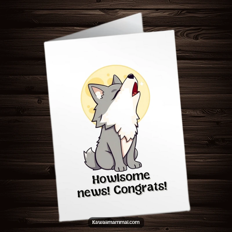Funny Free Printable Congratulations Card: Proud wolf character serenading a cartoon moon with a triumphant howl.