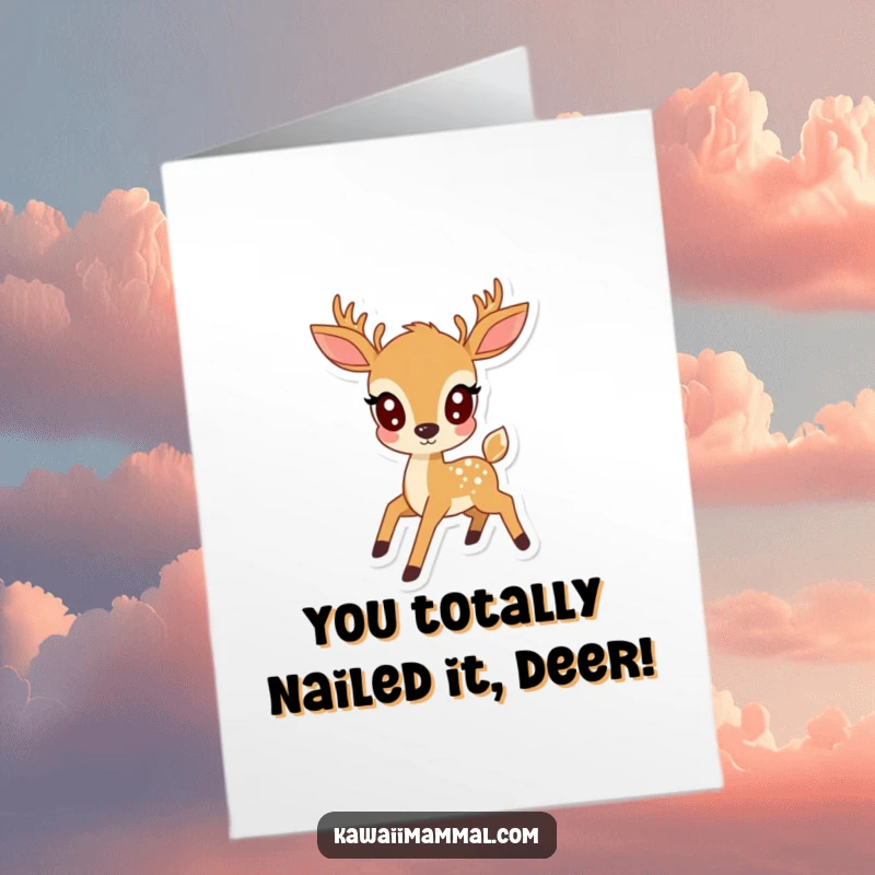 Free Printable Congratulations Card: A kawaii deer with wide eyes prances happily, conveying enthusiastic well wishes and praise.