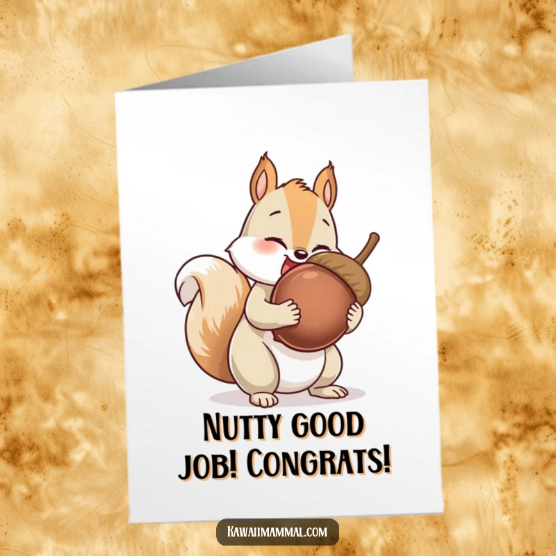 Funny Free Printable Congratulations Card: Giggling squirrel character proudly collecting an impossibly large acorn, a symbol of success.