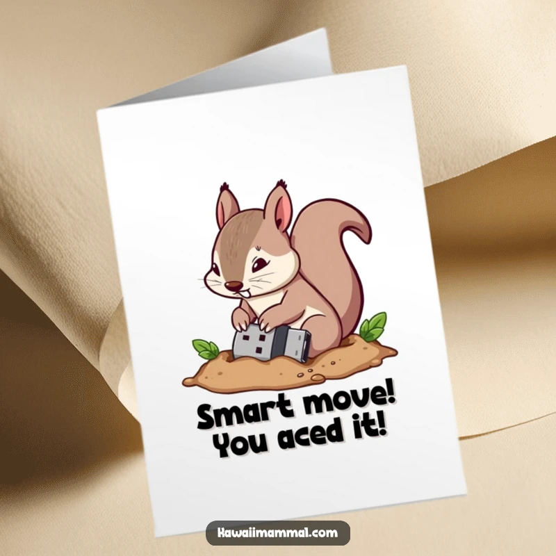 Funny Free Printable Congratulations Card showing a determined squirrel burying a USB drive like a nut, download today.