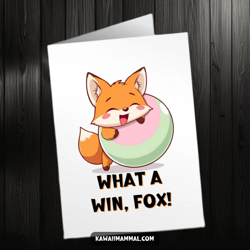 Funny free printable congratulations card depicting a fox with a grin, powerfully head-butting a big inflatable ball in celebration.