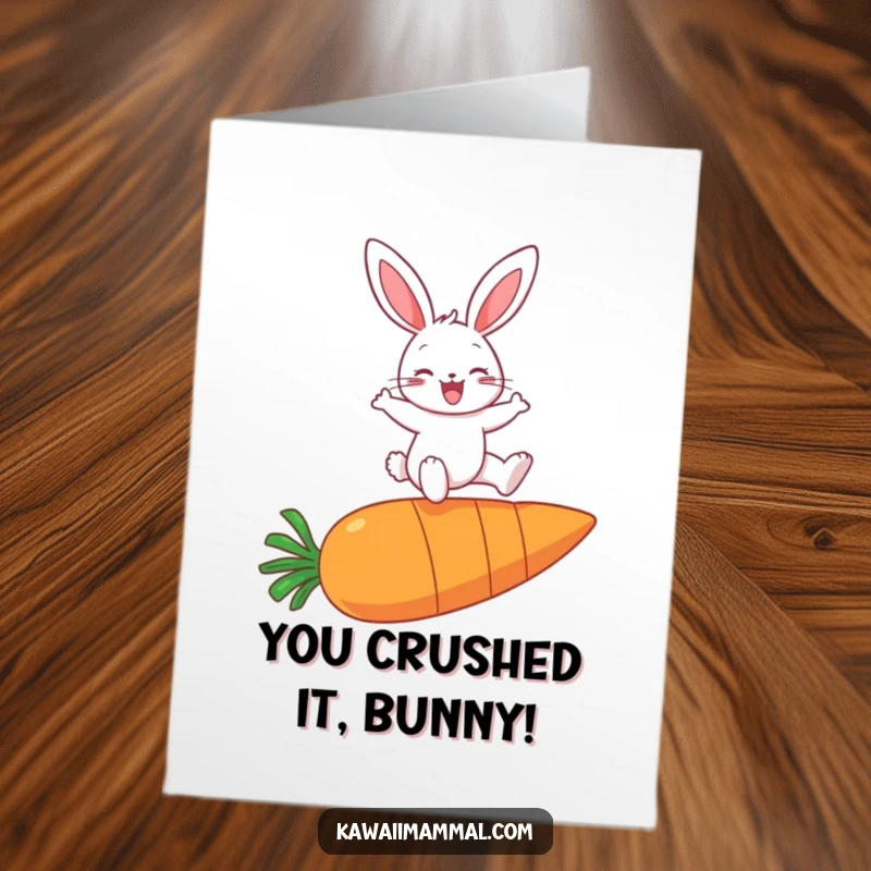 Funny free printable congratulations card featuring a cheerful bunny mid-leap over an oversized carrot, symbolizing victory.