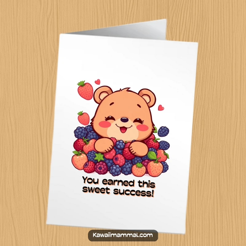 Funny Free Printable Congratulations Card: A jubilant bear surrounded by a huge pile of berries, exclaiming congrats with delight.