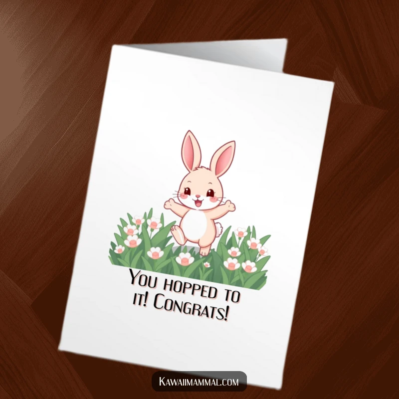Funny Free Printable Congratulations Card: A cheerful bunny enthusiastically hopping through a field of clovers, celebrating a victory.