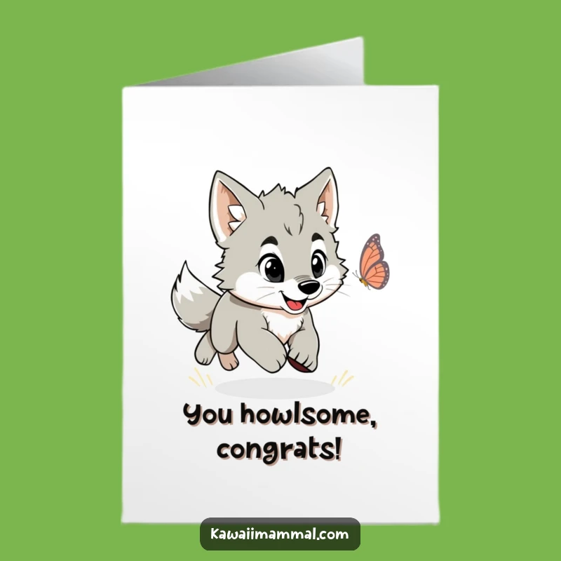 Free Printable Funny Congrats Card: Wolf Puppy Chase Victory Downloadable Gift
