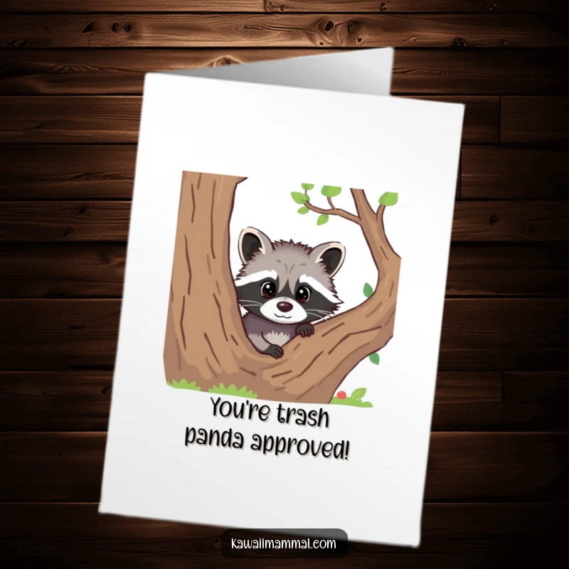 Funny Free Printable Congratulations Card: A curious raccoon peeks from behind a tree, discovering something amazing, a humorous downloadable gift.