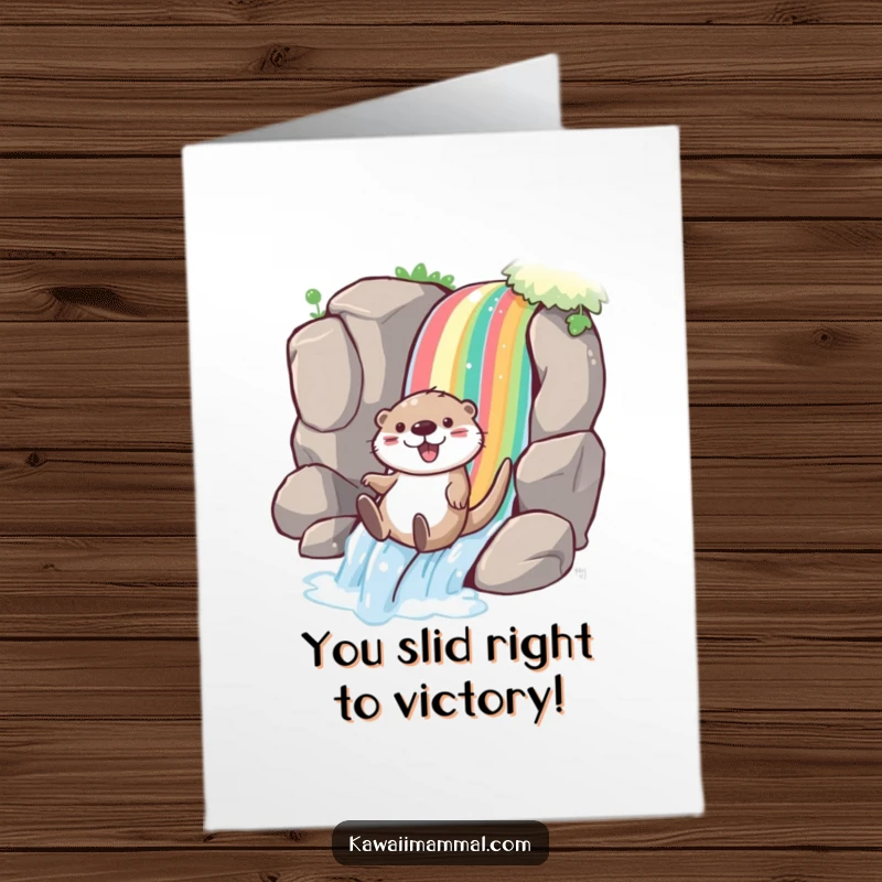 Funny Free Printable Congrats Card: Playful otter joyfully sliding down a rainbow waterfall, celebrating great success.