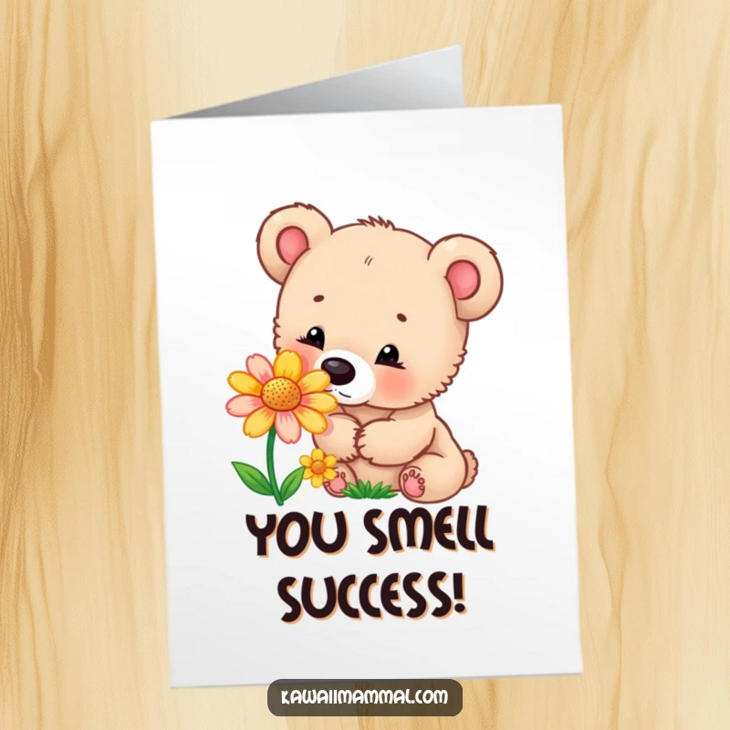Funny Free Printable congratulations card featuring a curious bear cub investigating a brightly colored flower with gentle intrigue.