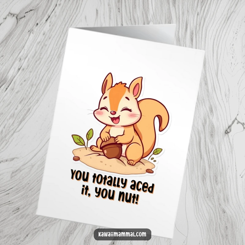 Funny free printable congratulations card with a giggling squirrel triumphantly burying an acorn, symbolizing a great achievement, easy to print.