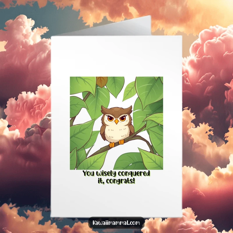 Funny free printable congratulations card showing a determined owl bravely flying through a dense forest canopy, a unique downloadable.